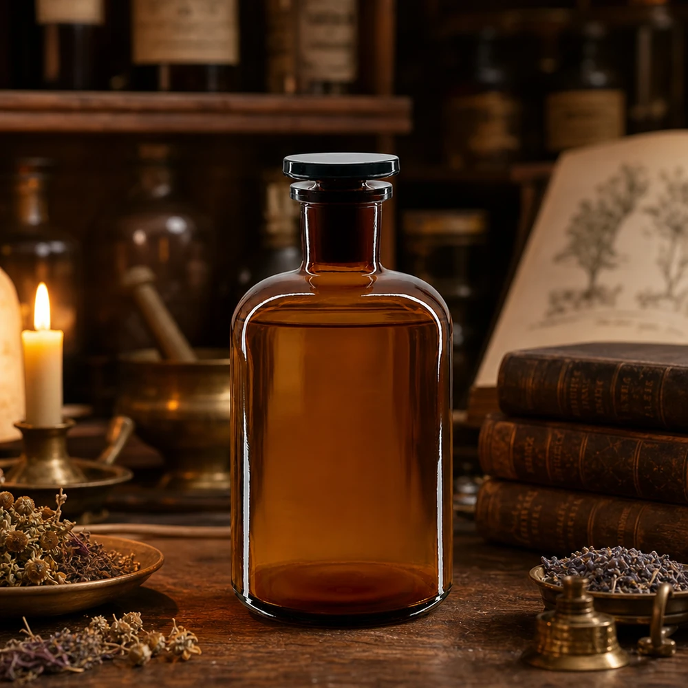 Frasco de farmacia de 500 ml, marrón, de cuello estrecho con tapón de cristal, para conservación a prueba de la luz