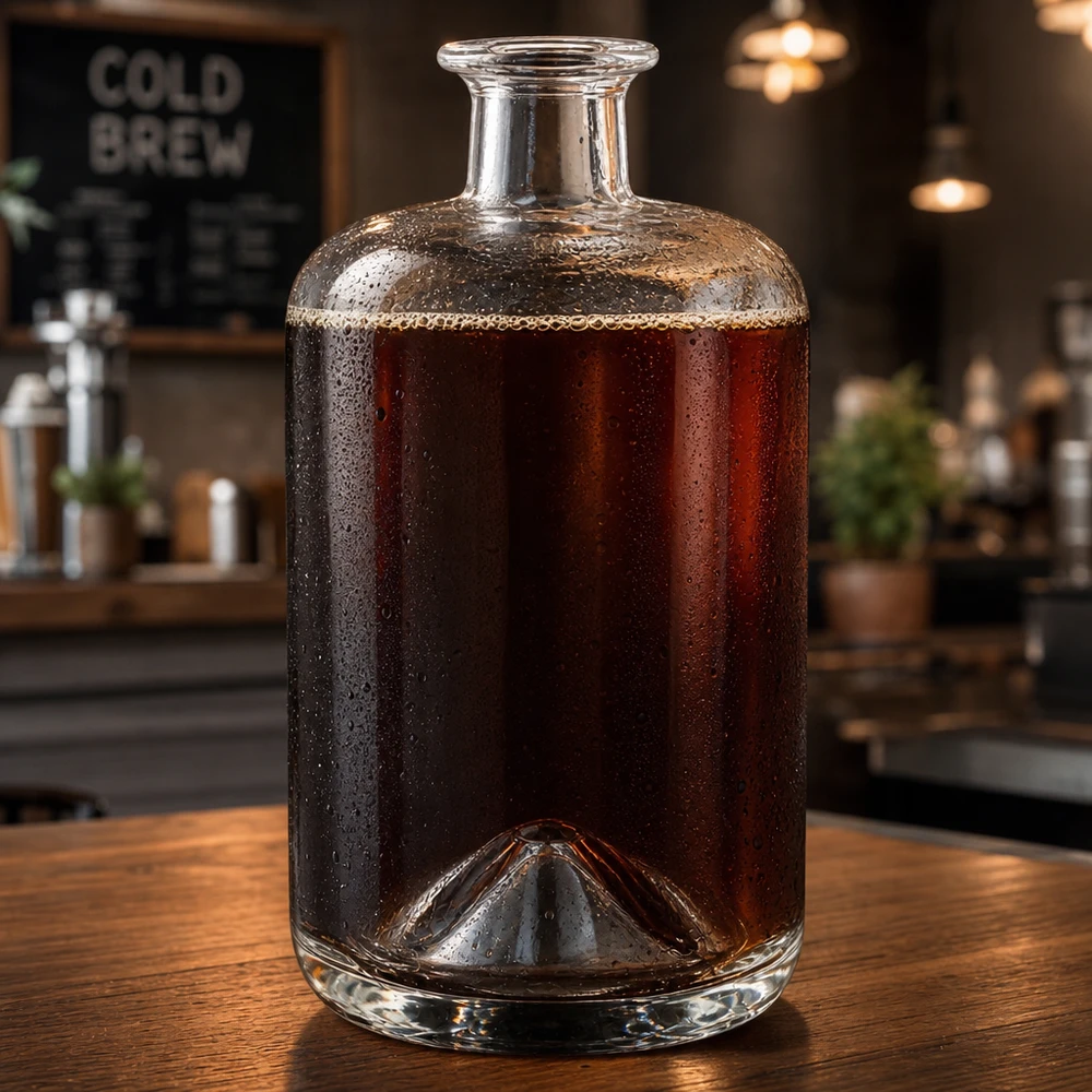 Botella de farmacia de 700 ml «Sofia» sin tapón UNiTWIST® Glasflasche Sofia 700ml mit Cold Brew Kaffee befüllt in Café-Atmosphäre zeigt vielseitige Getränke-Verwendung