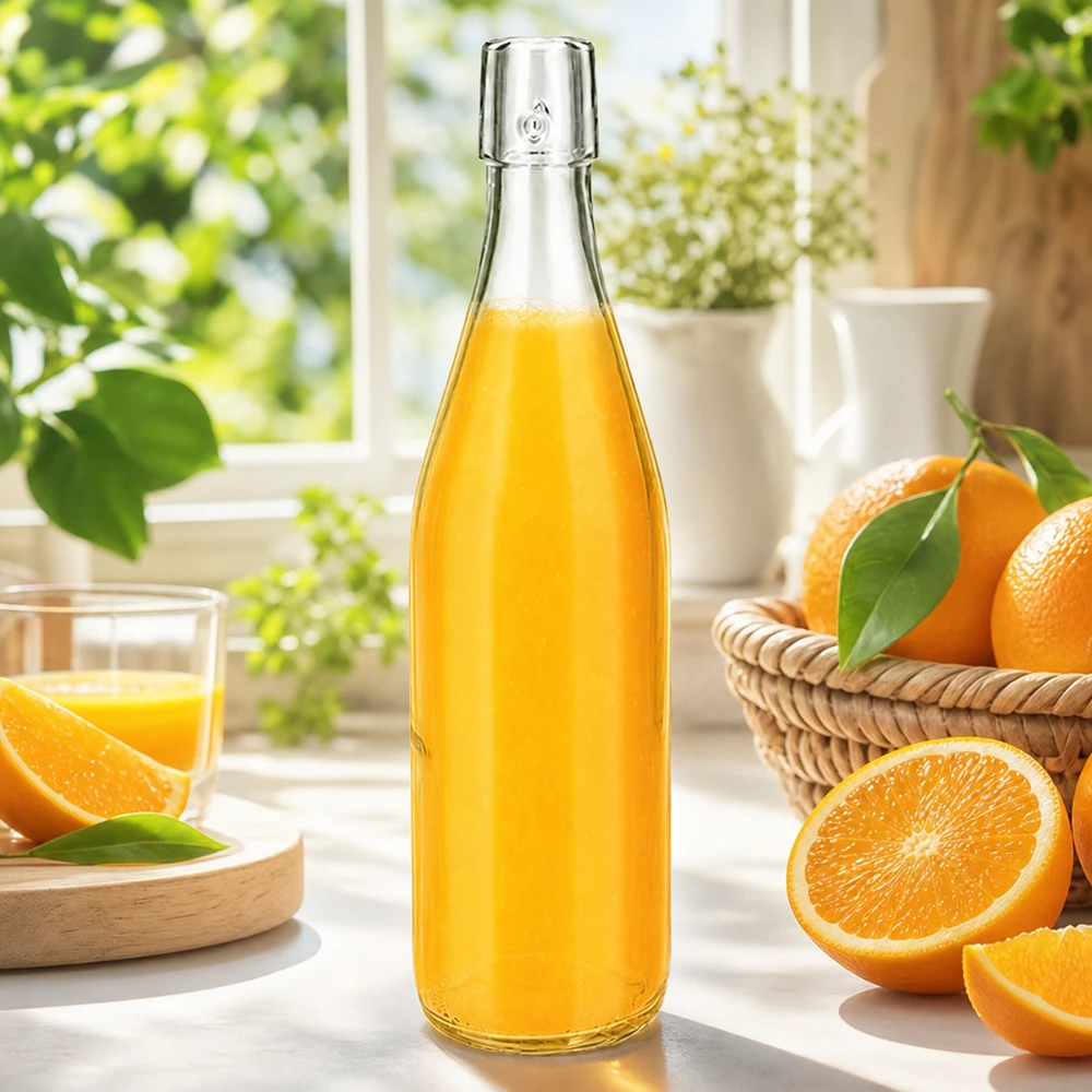Botella de vidrio de 500 ml sin tapón giratorio UNiTWIST 500ml UNiTWIST Glasflasche mit frischem Orangensaft auf sonniger Fensterbank mit Orangen und Glas im Landhausstil