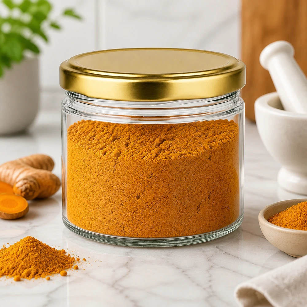 Tarro redondo de 540 ml con tapa BasicSeal dorada lleno de cúrcuma en polvo sobre encimera de mármol Ambiente de cocina
