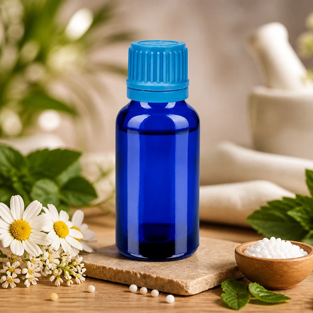 Frasco cuentagotas profesional de 20 ml de vidrio azul con protección UV para remedios homeopáticos