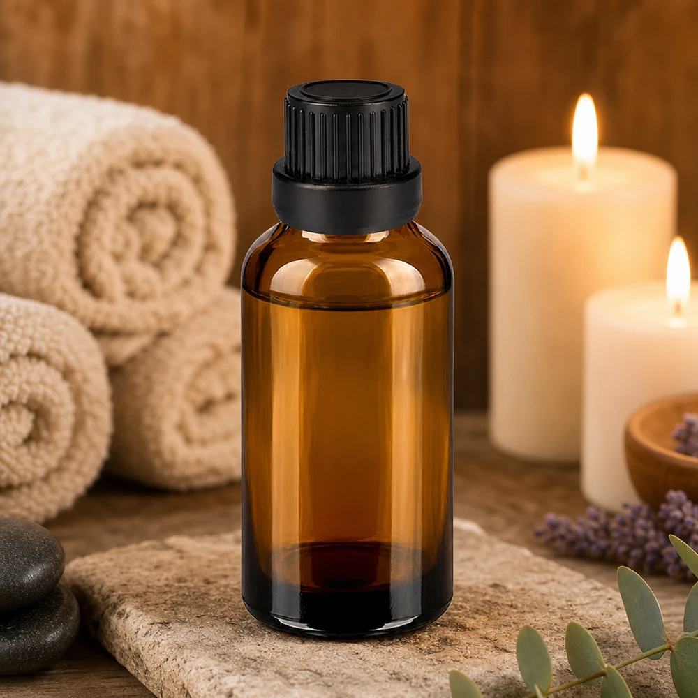 Frasco compacto de 30 ml de vidrio ámbar serie BrownLine con robusto tapón de rosca para aromaterapia
