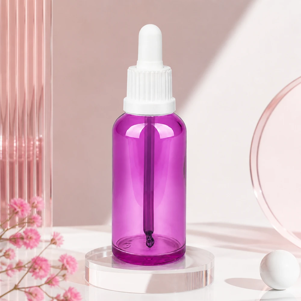 Frasco de pipeta de 50 ml tapón de rosca originalidad blanco PurpleLine UT18/50 Frasco cosmético de 50 ml de vidrio violeta de alta calidad con pipeta dosificadora de precisión