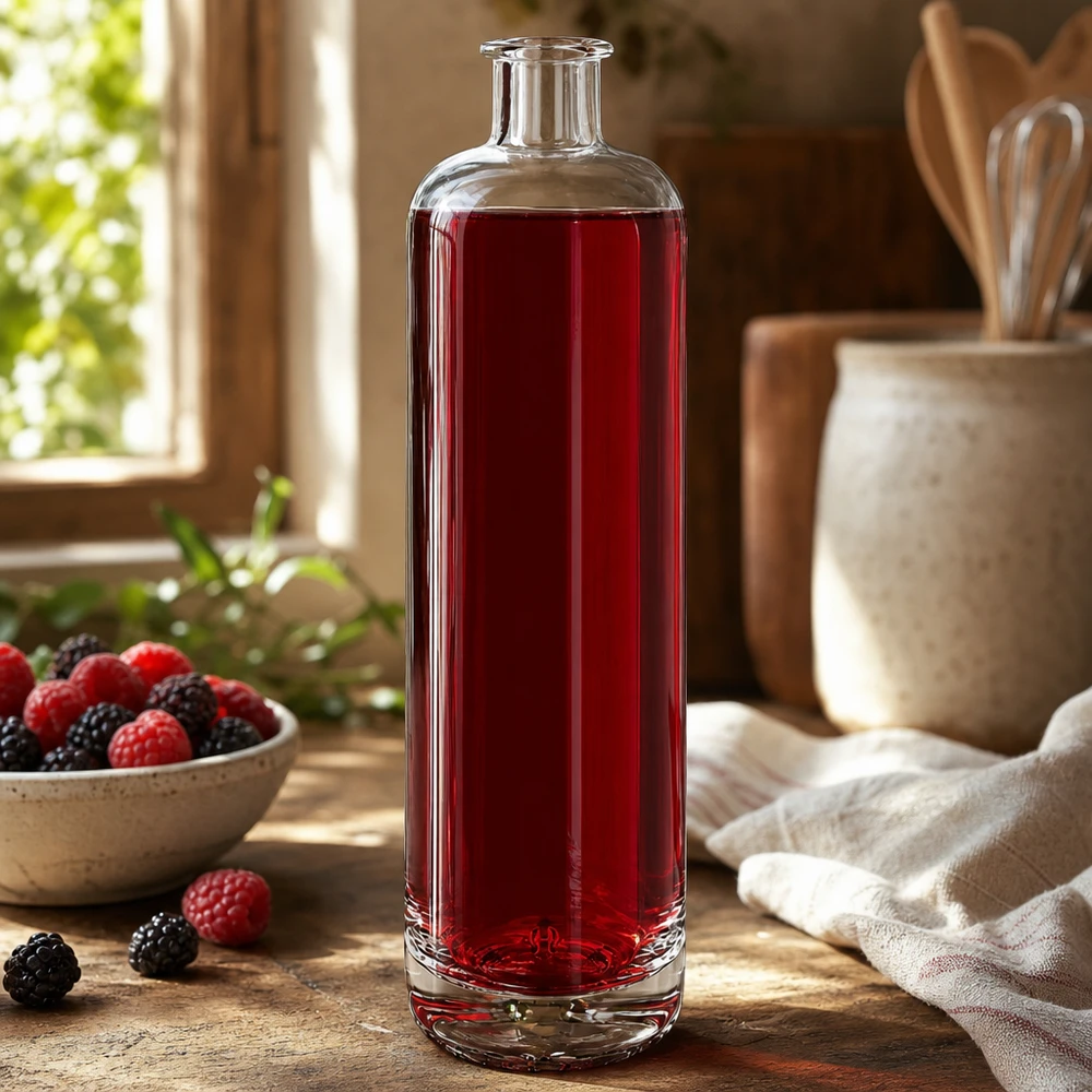 Botella de cristal de 700 ml de Ella llena de zumo de frutos rojos junto a frambuesas y moras frescas en una cocina rústica