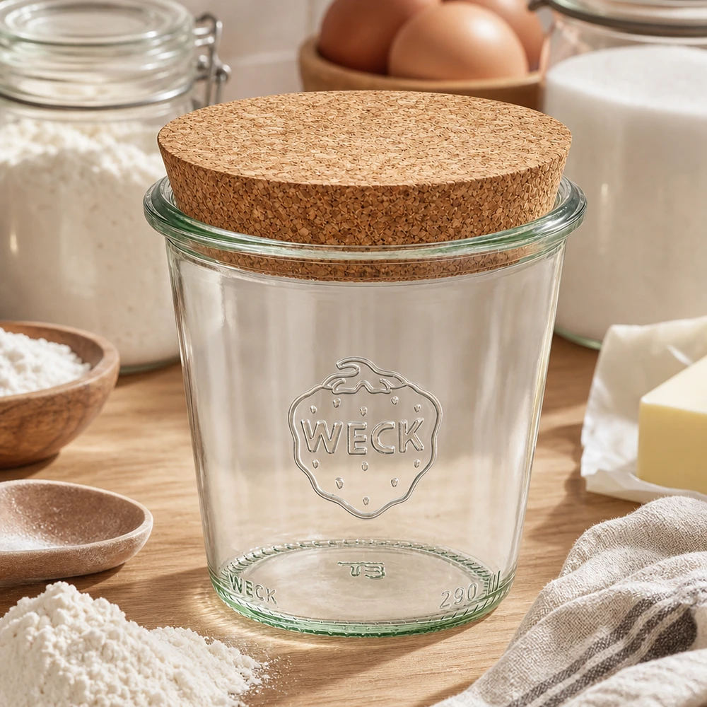 WECK vasos 290ml RR80 con tapa de corcho en la cocina rodeado de ingredientes para hornear harina huevos y leche sobre una base de madera