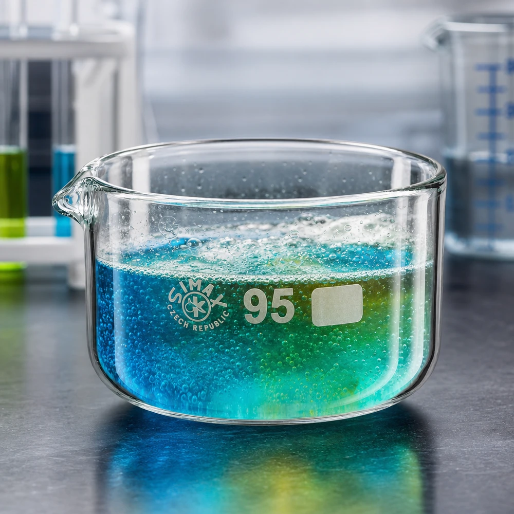 Líquido azul en ebullición en una cubeta de cristalización de 300 ml con pico vertedor de 95 mm de diámetro, de vidrio borosilicato SIMAX