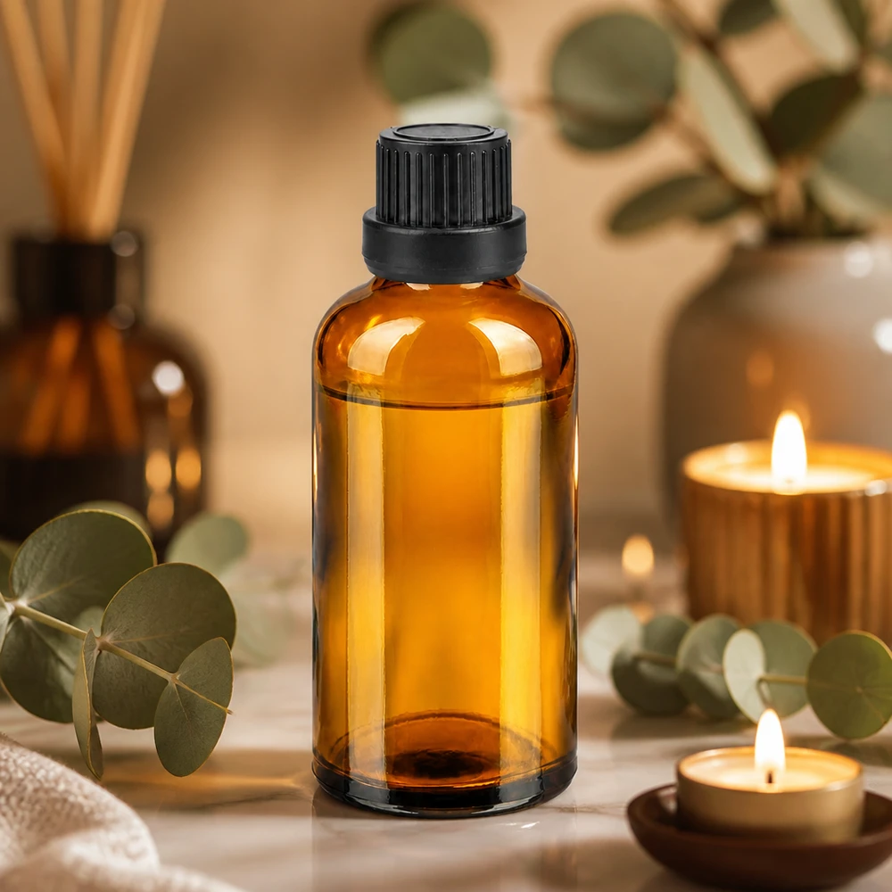 Pequeño frasco de cristal ámbar de 50 ml con protección UV y práctico tapón antigoteo para aromaterapia
