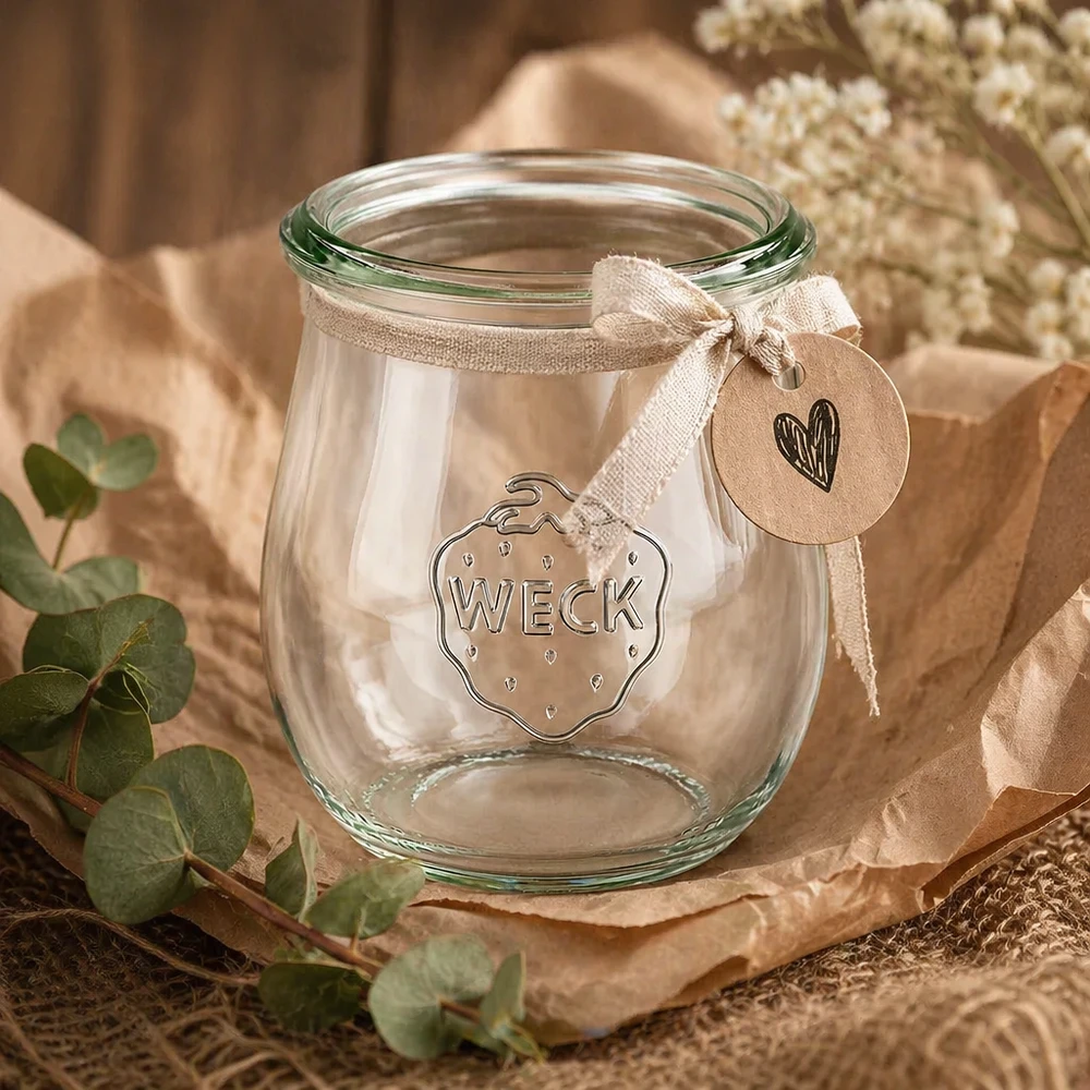 Tarro tulipa 220ml WECK RR60 WECK tarro tulipán 220ml RR60 decorativo con cinta y colgante sobre decoración de eucalipto natural