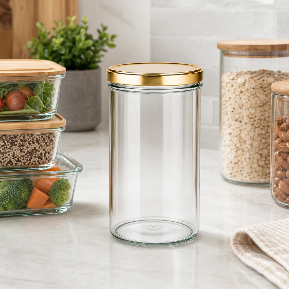 Vasos vacíos de 277 ml con tapa dorada UNiTWIST en cocinas modernas junto a recipientes de almacenamiento y verduras