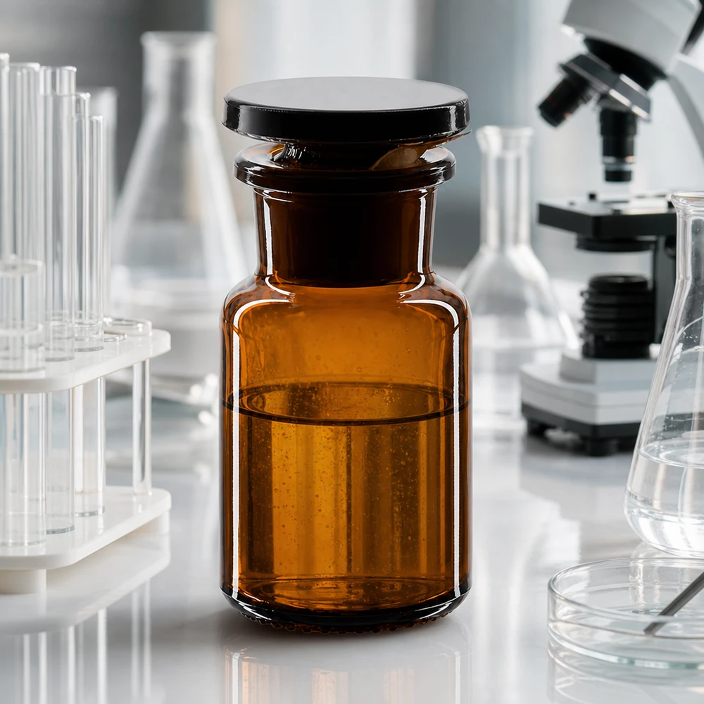 Frasco de laboratorio de 50 ml, de vidrio ámbar y cuello ancho, con tapón de vidrio, delante de un microscopio y tubos de ensayo