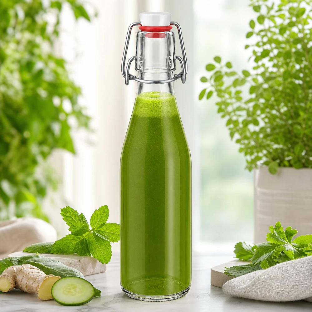Botella de cristal de 250 ml con tapa oscilante llena de batido verde, jengibre pepino menta hierbas ingredientes naturales