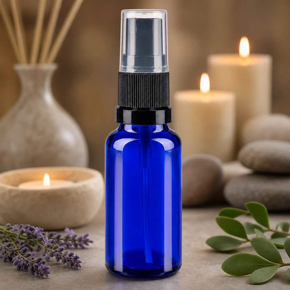 Botella de farmacia azul 20ml pulverizador negro Frasco de cristal azul de 20 ml con atomizador fino para aromaterapia con lavanda y aceites esenciales