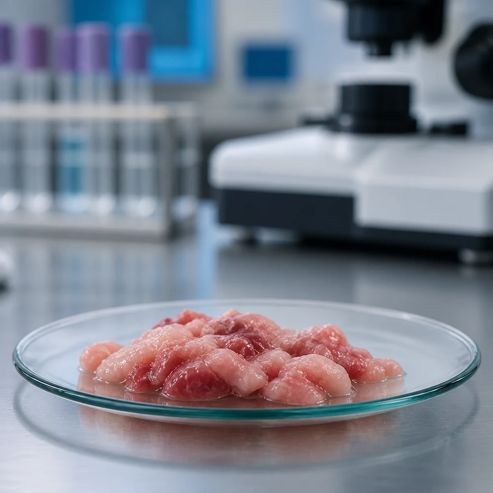 Ver plato de vidrio de 100 mm lleno de muestras de color rosa en un entorno de laboratorio estéril para fines de investigación