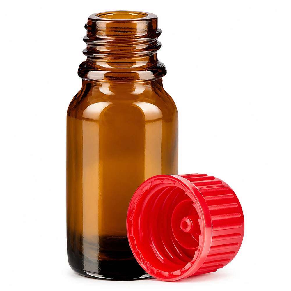 Botella 10ml tapón rosca 11mm rojo estándar BrownLine UT18/10 Pequeño frasco de vidrio de 10 ml de color marrón con tapón rojo para dosificar líquidos con precisión