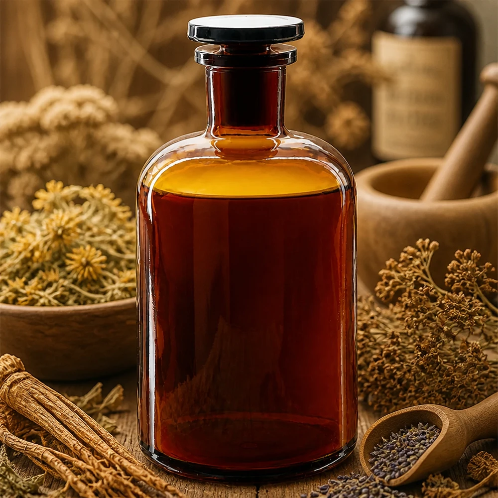 Botella de hombro redondo 500ml tapón de vidrio marrón de cuello estrecho Botella de vidrio marrón de 500 ml, de cuello estrecho y hombros redondeados, con tapón, rodeada de hierbas medicinales y productos naturales