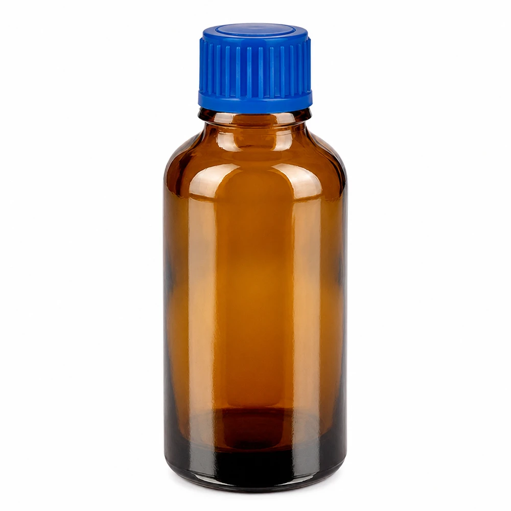 Frasco de vidrio marrón de 30 ml con tapón de rosca azul para aceites esenciales y medicamentos