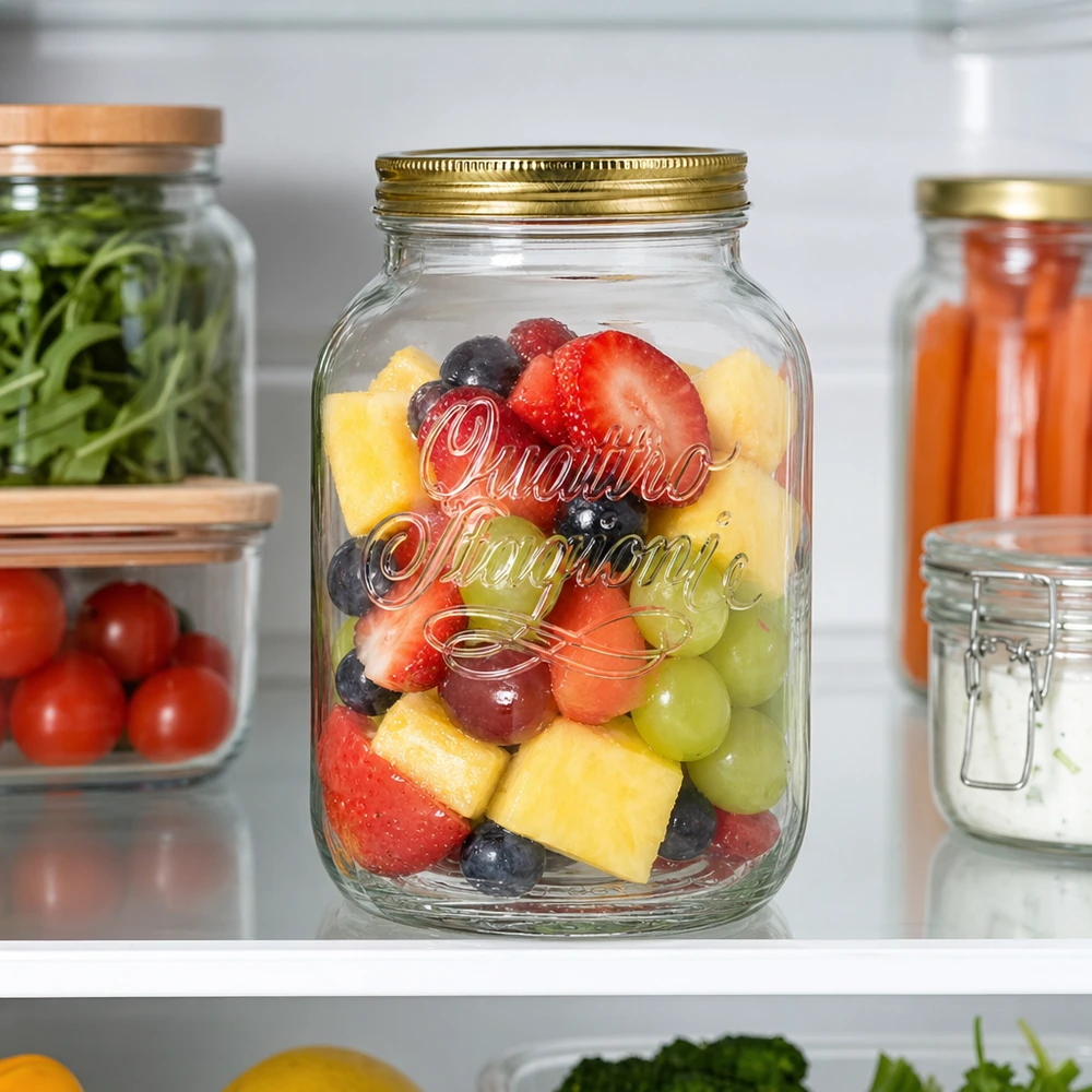 Tarro redondo "Quattro Stagioni" de 3000 ml con tapa Tarro redondo Quattro Stagioni de 3000 ml con macedonia de fruta fresca en el frigorífico junto a las verduras y otros tarros de conservación