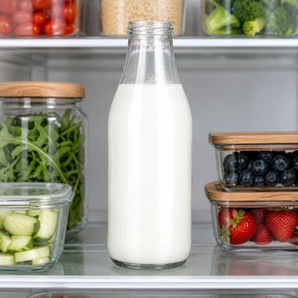 Frasco de vidrio 1000ml sin tapa (TO48) UNiTWIST Milchflasche 1000ml Glas TO48 UNiTWIST mit frischer Milch im Kühlschrank neben Obst und Gemüse Kücheneinsatz