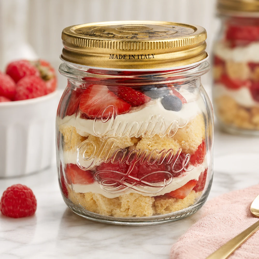 Tarro redondo "Quattro Stagioni" de 250ml con tapa Vaso redondo de 250 ml Quattro Stagioni con tapa dorada relleno de un postre a capas de fresas y nata Fabricado en Italia