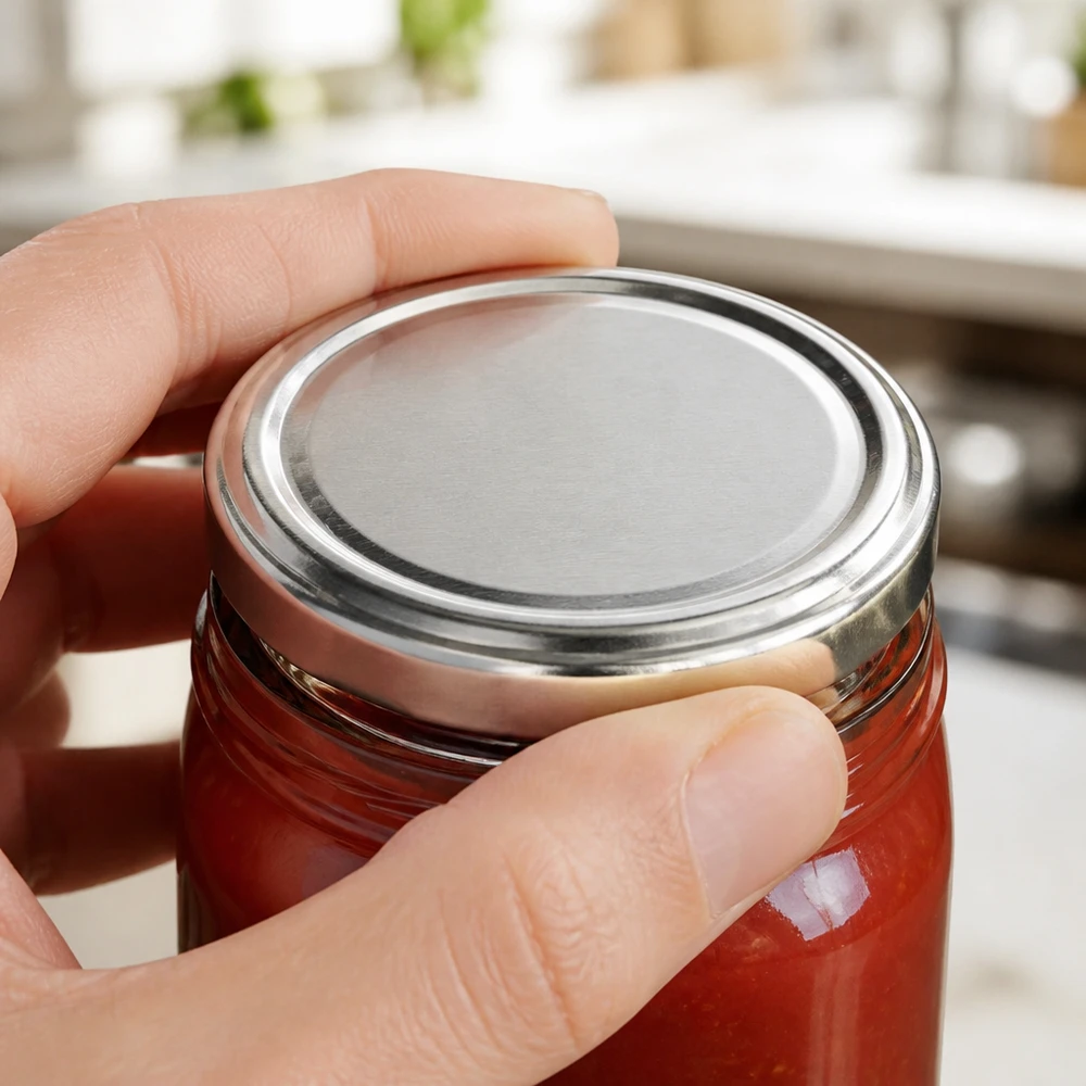 Tapa BasicSeal de 82 mm, color plata (TO82) UNiTWIST Tapa de rosca plateada BasicSeal de 82 mm (TO82) en un tarro de salsa de tomate en la cocina