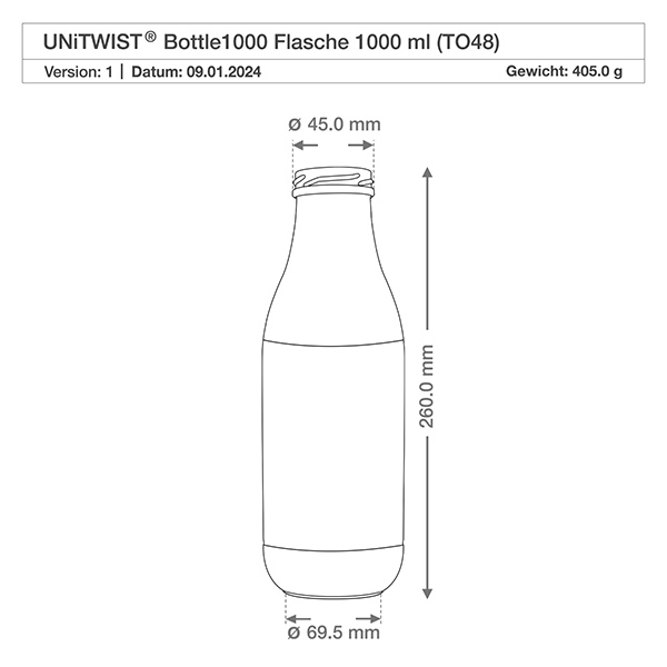Frasco de vidrio 1000ml sin tapa (TO48) UNiTWIST Dibujo técnico Botella de vidrio UNiTWIST de 1000 ml con dimensiones 260 mm de altura 45 mm de abertura del cuello Rosca TO48