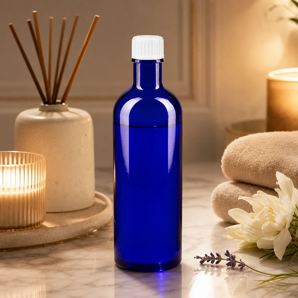 Botella de cristal azul de 200 ml con tapón de seguridad blanco sobre mármol, entre velas y flores