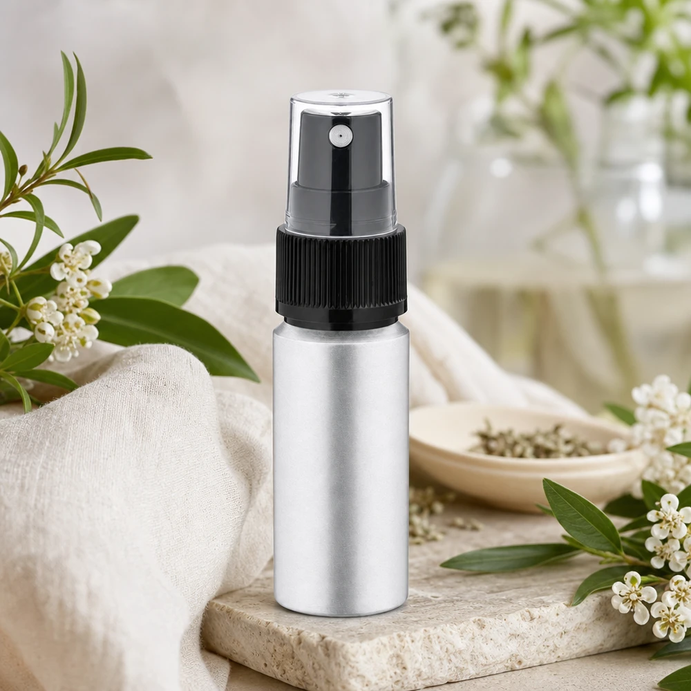 Elegante frasco de aluminio de 20 ml con superficie cepillada y atomizador para productos cosméticos profesionales