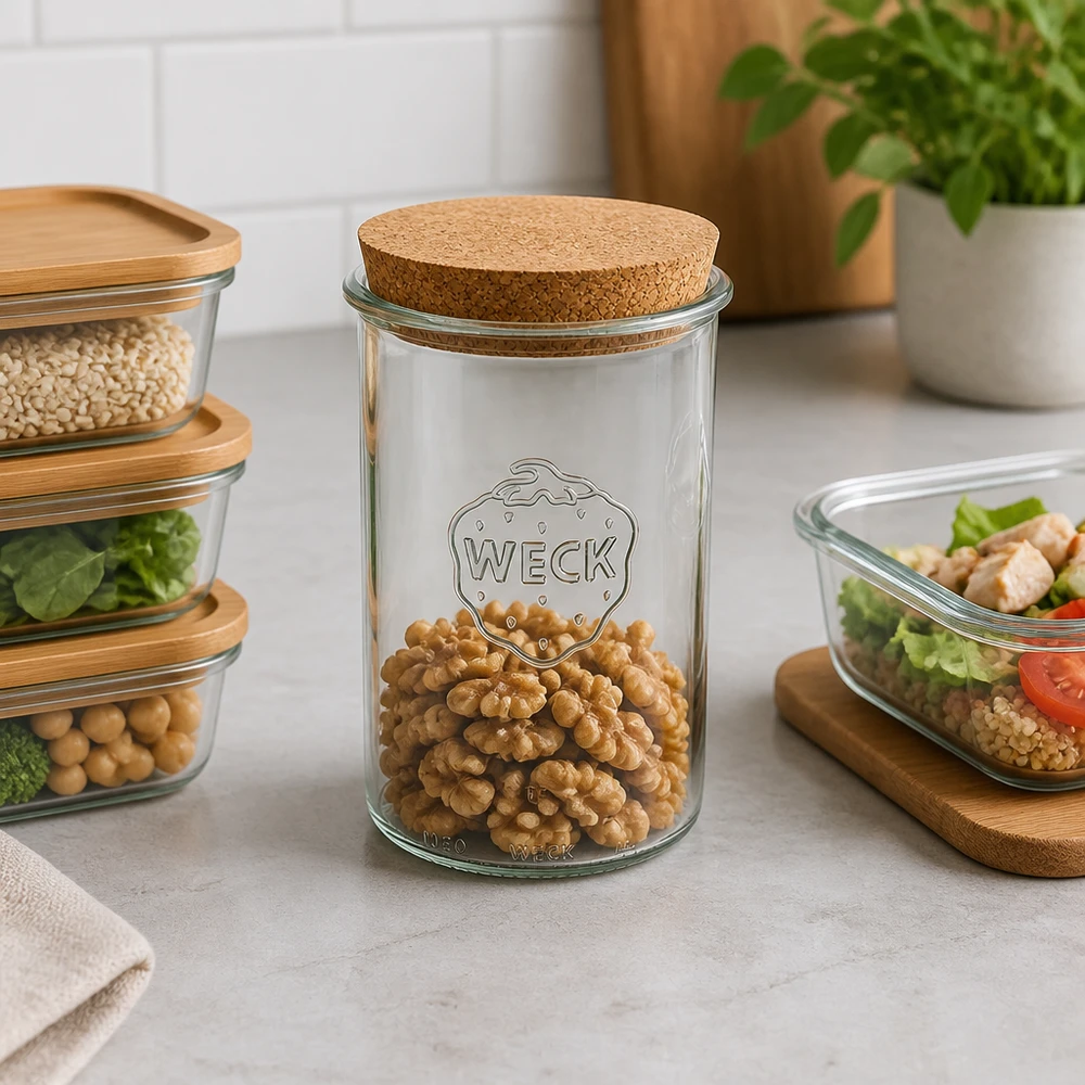 Vasos de 1000ml WECK RR100 con corcho natural WECK Sturzglas RR100 1000ml mit Korkdeckel gefüllt mit Walnüssen moderne Küchenorganisation Vorratshaltung Lifestyle
