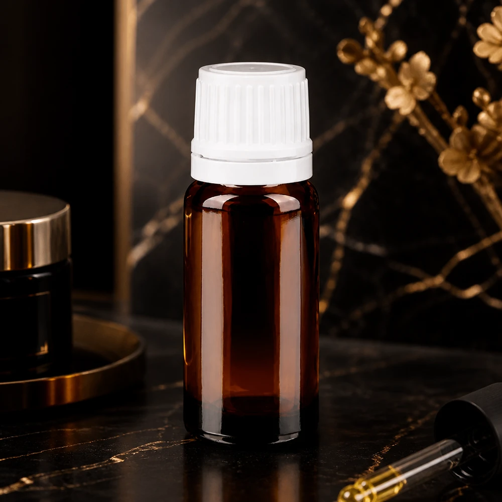 Frasco de vidrio ámbar de 10 ml con protección UV, tapón de seguridad blanco y gotero de precisión de 0,7 mm