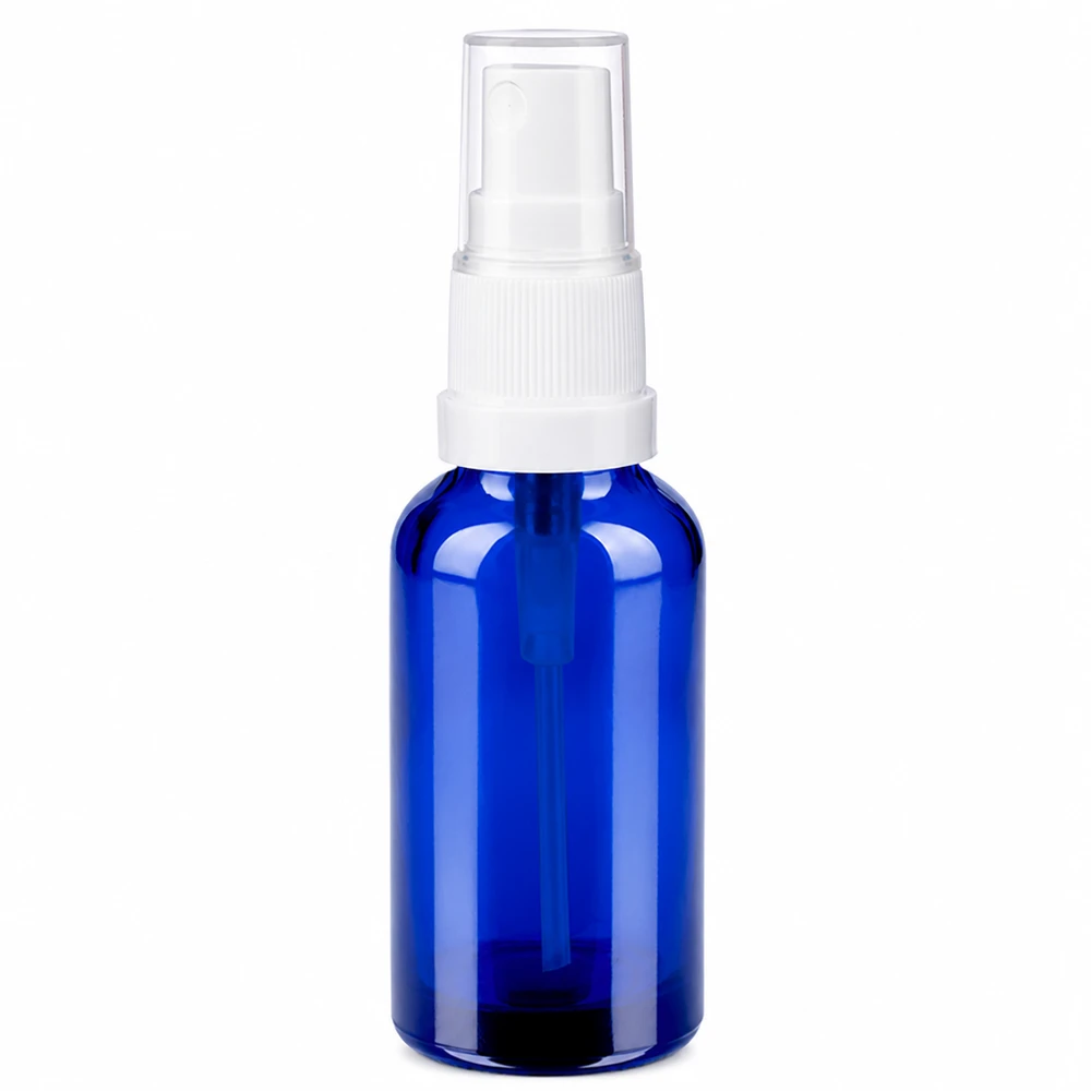 Frasco pulverizador azul de 30 ml con mecanismo de bombeo blanco para cosméticos y productos de cuidado