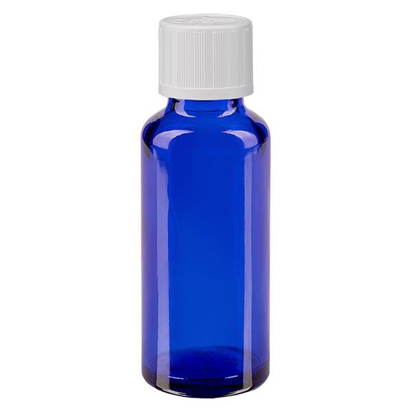 Botella de farmacia azul 30ml tapón de rosca blanco a prueba de niños estándar Botella de farmacia azul 30ml tapón de rosca blanco a prueba de niños estándar