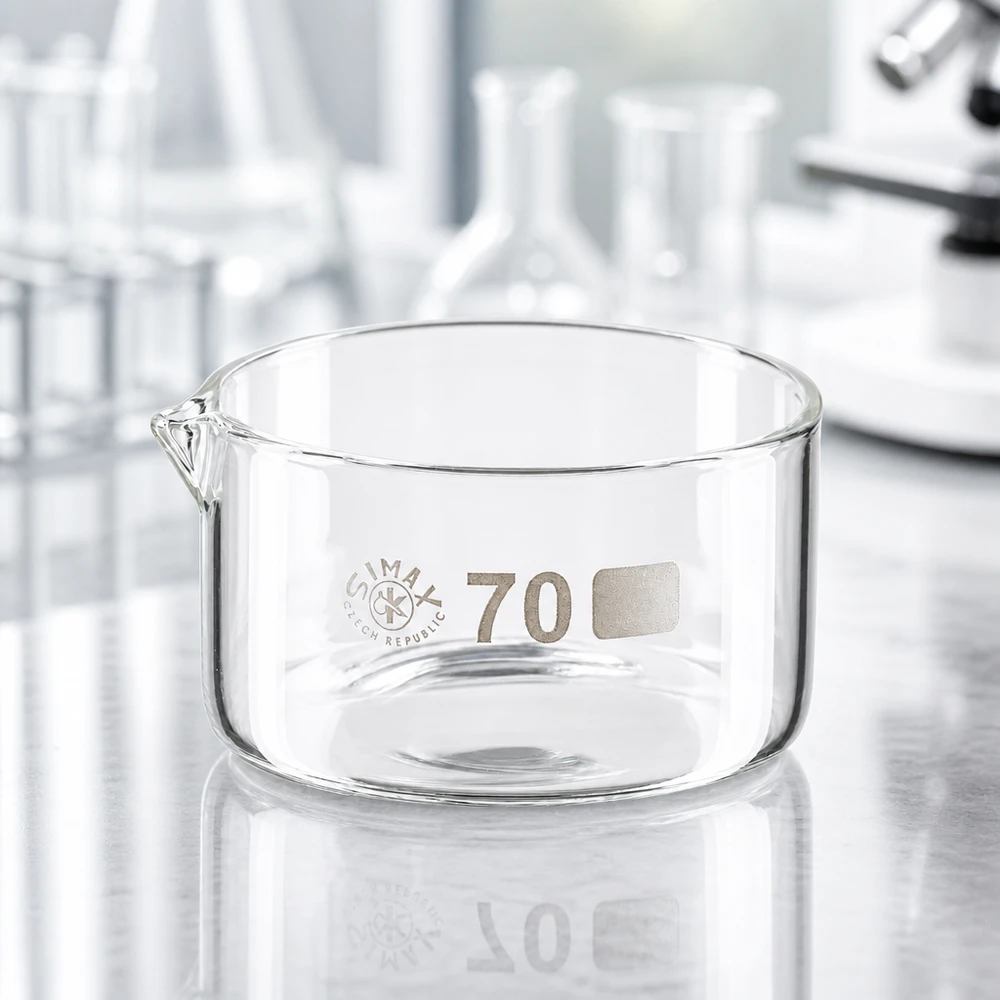 Recipiente de cristalización Simax vacío de 100 ml, de forma plana y con pico vertedor, sobre una superficie metálica en el laboratorio