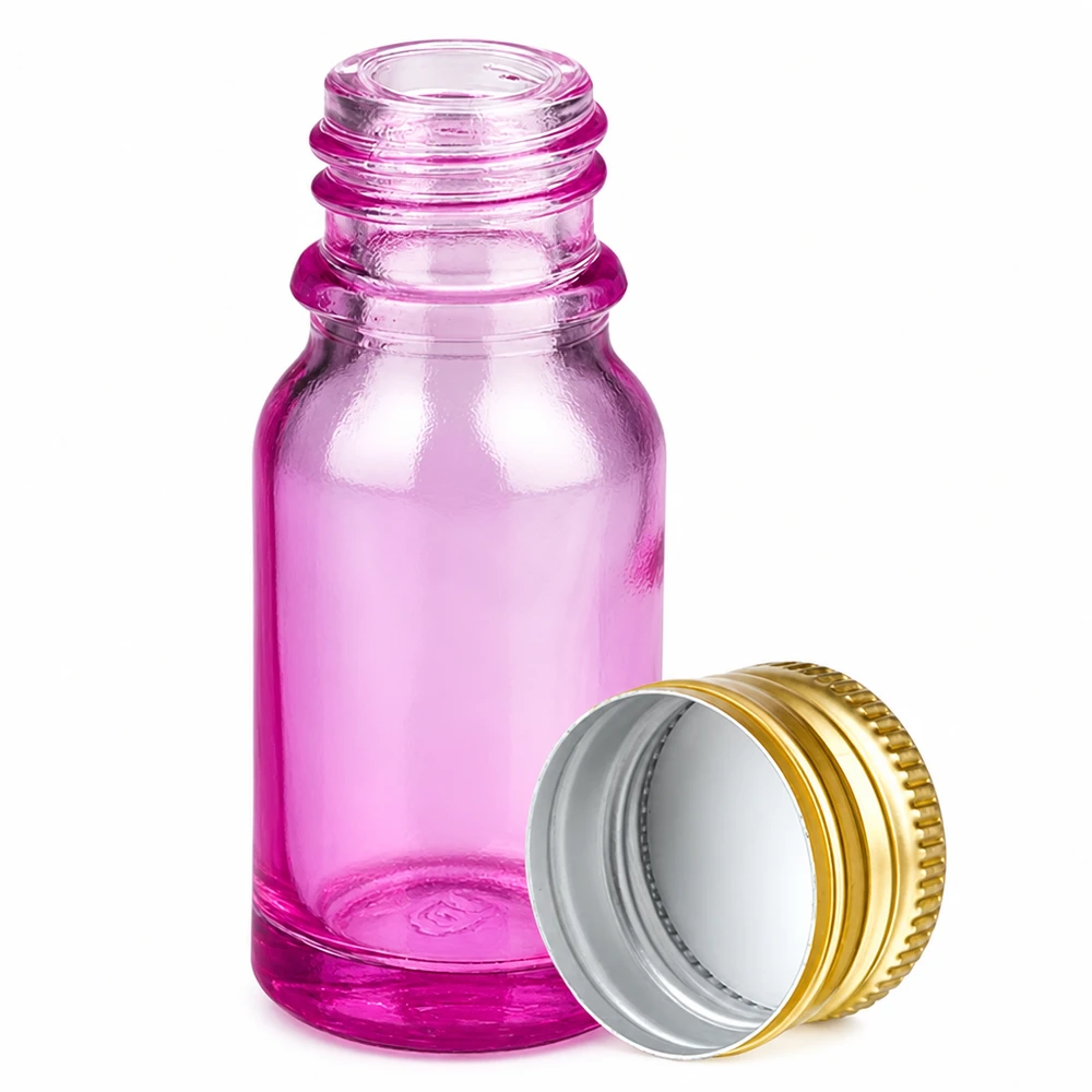 Frasco pequeño de vidrio morado de 10 ml con tapón de aluminio dorado para cosmética y aromaterapia