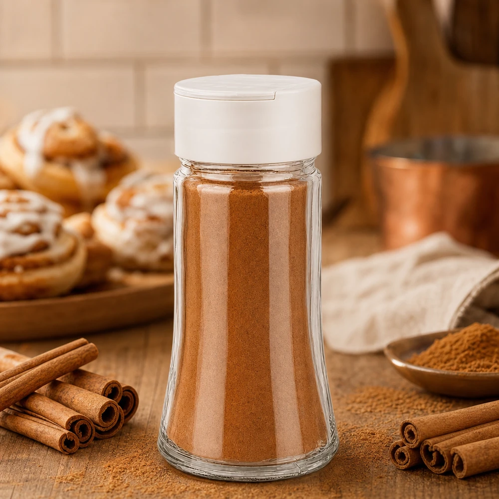 Frasco de especias relleno de canela de 95 ml con un espolvoreador doble blanco, junto a ramas de canela y rollos de canela