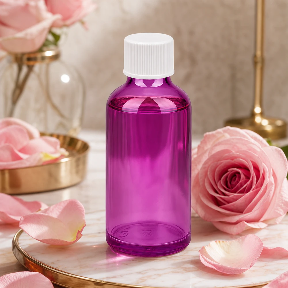 Frasco de 50 ml con tapón de rosca de 11 mm blanco estándar PurpleLine UT18/50 Frasco de vidrio violeta de 50 ml de alta calidad con rosca estándar para la protección UV de cosméticos naturales