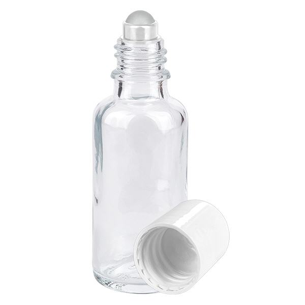 Botella de farmacia transparente 30ml tapón roll-on blanco Botella de farmacia transparente 30ml tapón roll-on blanco