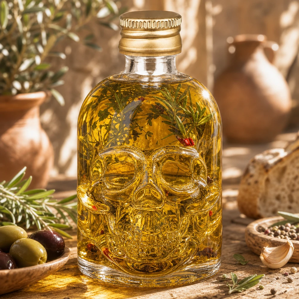 Botella de vidrio Hector 50ml llena de aceite de hierbas y romero decoración en el paisaje mediterráneo de aceite de oliva