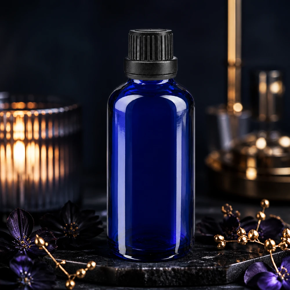 Frasco de cristal azul oscuro de 50 ml con tapón negro estriado, sobre una piedra de pizarra con flores moradas y a la luz de las velas