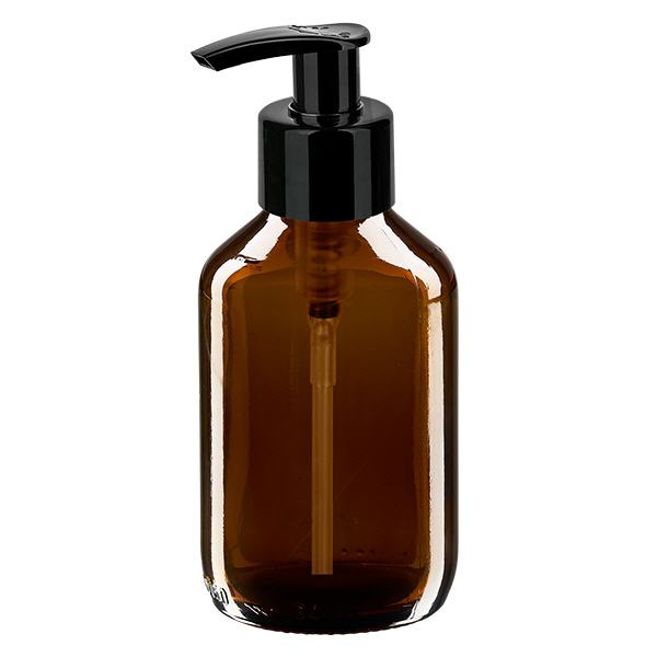 Frasco para medicamentos 150ml marrón, con bomba dispensadora negra ApoGlas Frasco para medicamentos 150ml marrón, con bomba dispensadora negra ApoGlas