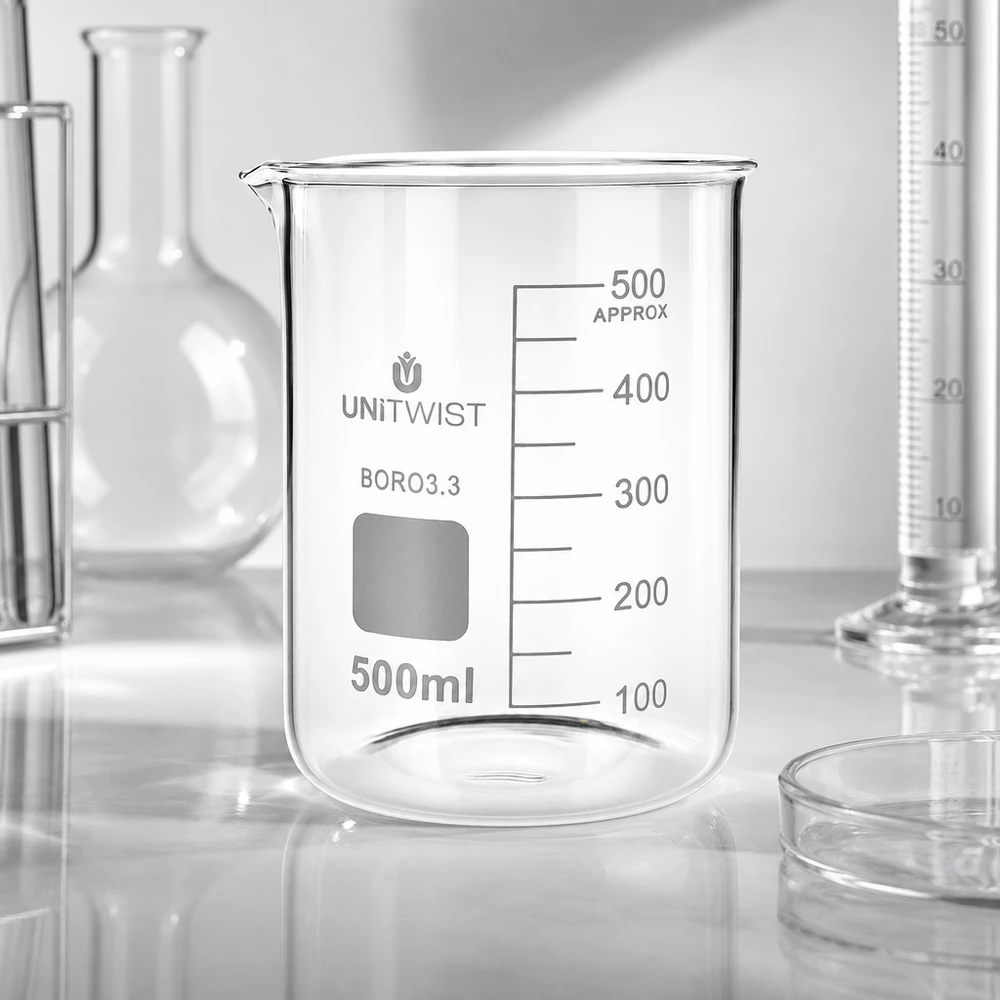 Vaso 500 ml borosilicato, molde bajo UNiTWIST Vaso de precipitados UNiTWIST de 500 ml, de vidrio BORO3.3, de forma baja, rodeado de matraces de laboratorio y cilindros graduados