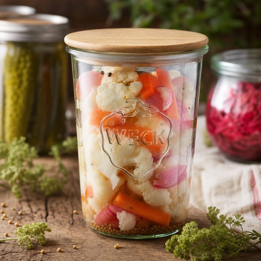 WECK tarro de conserva 850ml RR100 con verduras en escabeche coliflor zanahorias cebollas alimentos fermentados tapa de madera