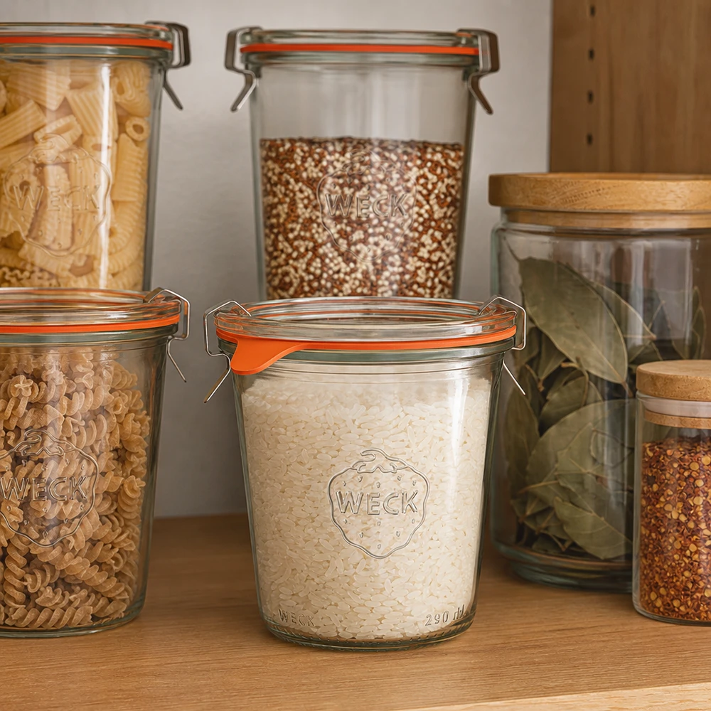 Vasos WECK 290ml RR80 para almacenar arroz, pasta y cereales en una cocina despensa organizada