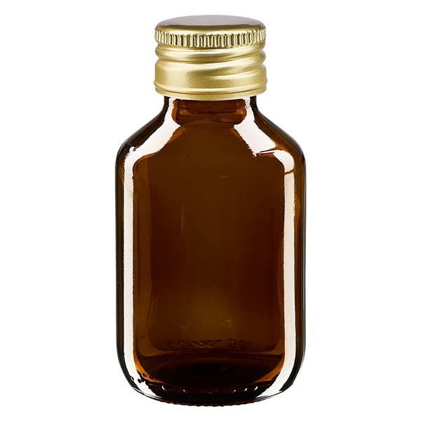 Frasco para medicamentos de 100 ml marrón, con tapón de aluminio dorado ApoGlas Frasco para medicamentos de 100 ml marrón, con tapón de aluminio dorado ApoGlas
