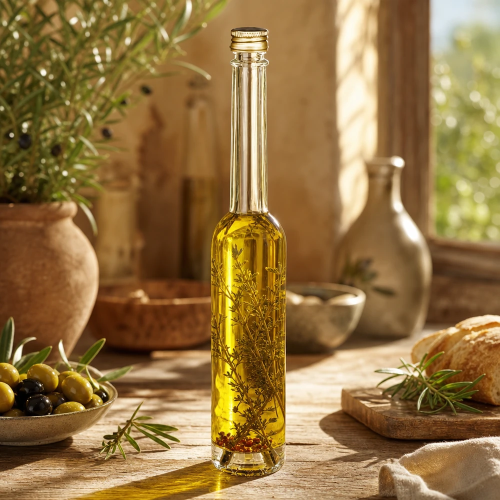 Botella de vidrio de 100 ml «Toni» y tapón de rosca plateado UNiTWIST® 100ml Glasflasche Toni mit Olivenöl und Kräutern - UNiTWIST Goldverschluss in mediterraner Küche mit Oliven und Brot