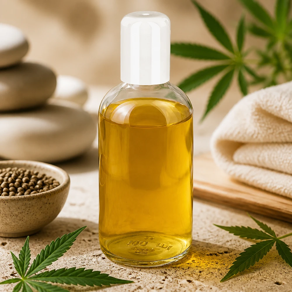 Frasco roll-on ClearLine UT18/100 de 100 ml, lleno de aceite de cáñamo amarillo y rodeado de hojas de cannabis