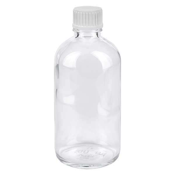 Frasco cuentagotas de 100 ml con tapón estándar blanco de 0,9 mm ClearLine UT18/100 Frasco cuentagotas de cristal transparente de 100 ml con tapón de rosca blanco ClearLine UT18 para aplicaciones farmacéuticas
