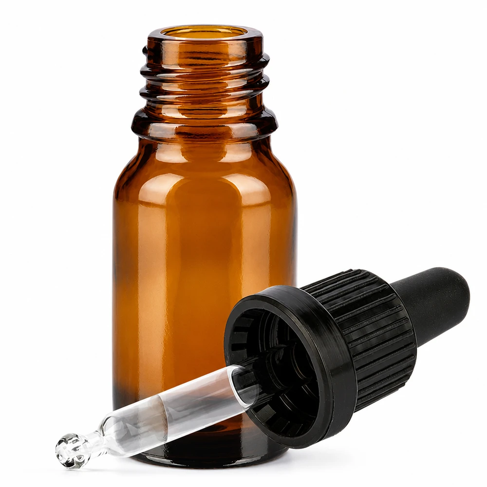 Frasco de vidrio marrón de 10 ml con pipeta para una dosificación precisa de cosméticos y aromaterapia