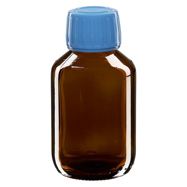 Frasco medicamento 100ml marrón, tapón azul con precinto ApoGlas Frasco medicamento 100ml marrón, tapón azul con precinto ApoGlas