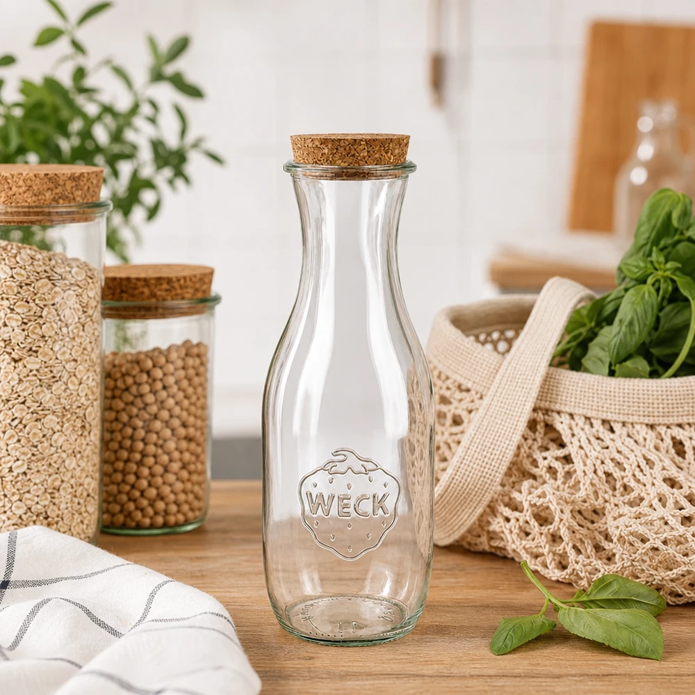 1062ml botella de zumo WECK RR60 con corcho natural Botella de zumo WECK 1062ml RR60 con corcho natural en cocina sostenible de residuo cero junto a tarros de almacenaje y bolsas de yute