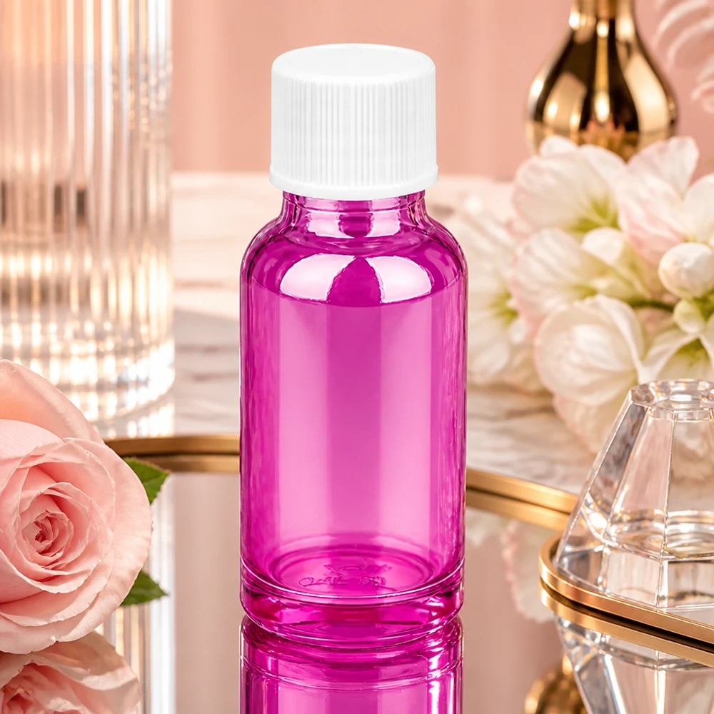 Elegante frasco de 20 ml en violeta brillante con práctico tapón de 11 mm para productos de belleza